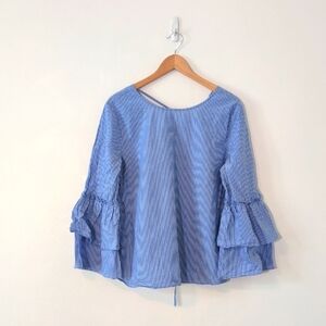 LOFT Blue White Striped Bell Ruffle Sleeve Cotton Blouse Sz Large